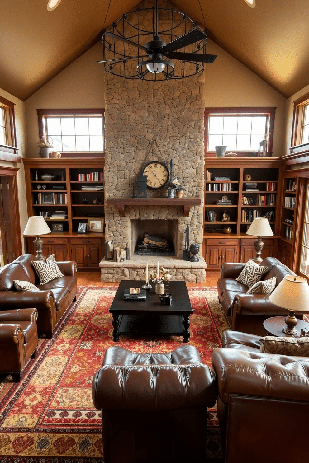 A cozy family room featuring leather furniture that adds a rustic touch. The room is adorned with warm earth tones, complemented by a large area rug with Southwestern patterns underfoot. A stone fireplace serves as the focal point, surrounded by built-in bookshelves filled with decorative items and books. Natural light floods the space through large windows, highlighting the rich textures of the leather sofas and armchairs.