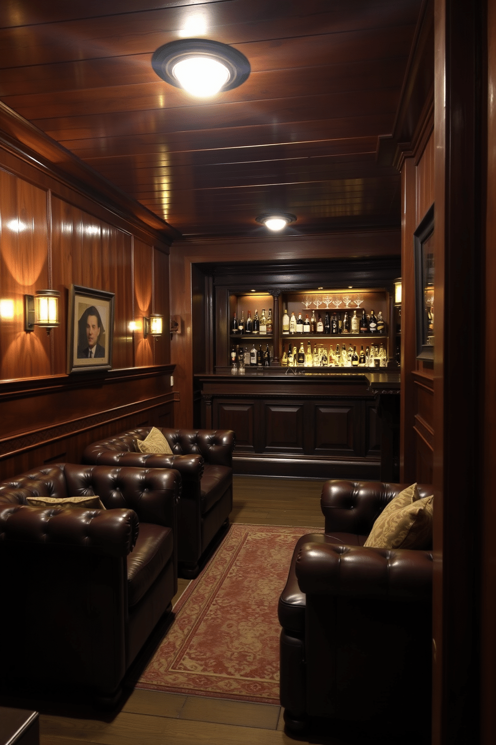 A cozy speakeasy basement featuring rich vintage wood paneling that envelops the space, creating an intimate atmosphere. Plush leather accents adorn the seating area, complemented by low, warm lighting that enhances the inviting ambiance. In one corner, a classic bar made of dark mahogany showcases an array of premium spirits, with vintage glassware elegantly displayed. The flooring consists of reclaimed wood planks, adding to the rustic charm, while a vintage rug provides warmth underfoot.