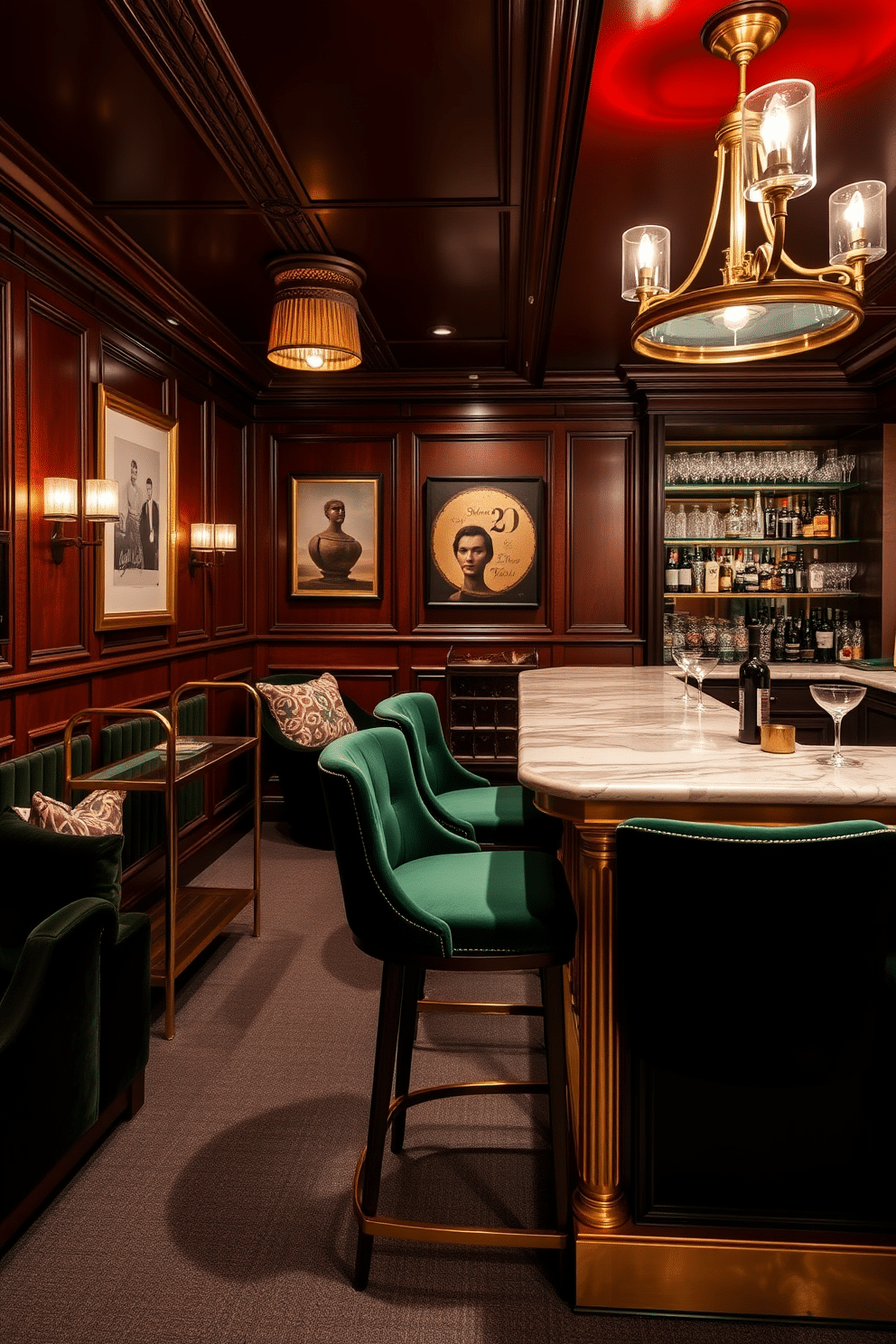 A cozy speakeasy basement with rich wood paneling and plush velvet seating creates an inviting atmosphere. Brass accents and fixtures, including a stylish bar cart and pendant lighting, add a touch of elegance to the space. The bar features a polished marble countertop with brass trim, complemented by high-backed stools upholstered in deep green fabric. Vintage-inspired shelves display a curated selection of spirits and glassware, enhancing the sophisticated yet relaxed vibe of the basement.