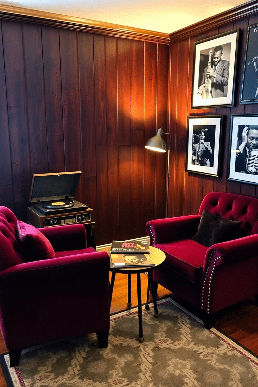 A cozy jazz music corner featuring a vintage record player sits against a dark wood-paneled wall. Plush velvet armchairs in deep burgundy provide comfortable seating, while a small round table holds a selection of classic vinyl records. The space is softly illuminated by warm, ambient lighting from a stylish floor lamp. A patterned area rug adds texture to the hardwood floor, and framed black-and-white photographs of jazz legends adorn the walls.