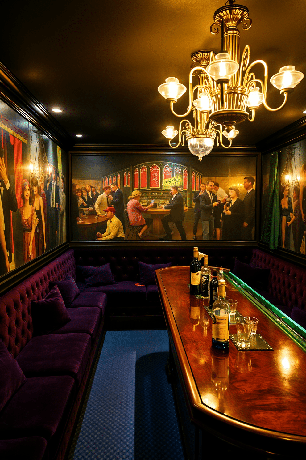 A cozy speakeasy basement designed for intimate gatherings, featuring plush velvet seating in deep jewel tones and low, ambient lighting. The walls are adorned with large murals depicting vibrant 1920s nightlife scenes, capturing the energy and glamour of the era. A polished wooden bar with brass accents serves as the focal point, stocked with vintage bottles and glassware. Ornate chandeliers hang from the ceiling, casting a warm glow over the space and enhancing the nostalgic atmosphere.