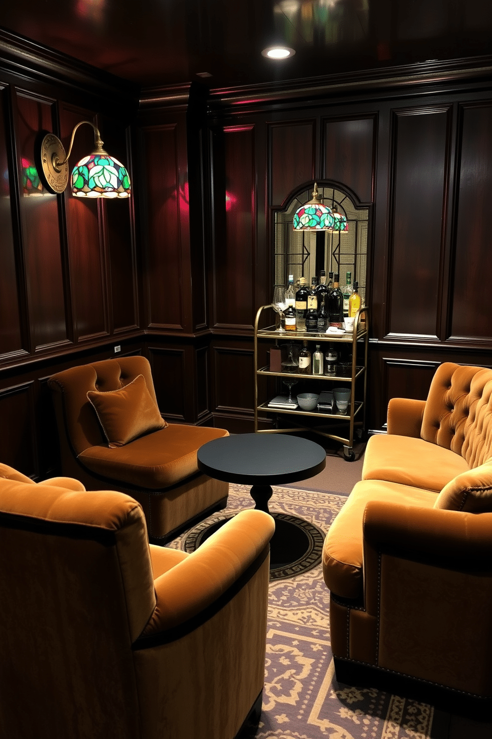 A cozy speakeasy basement design featuring plush velvet seating arranged around a low, round table. The walls are adorned with dark wood paneling, and elegant sconces with stained glass shades illuminate the space, casting colorful patterns on the floor. In one corner, a vintage bar cart is stocked with an assortment of spirits, complemented by art deco-inspired glassware. Rich, deep colors dominate the decor, with a patterned area rug adding warmth and texture to the ambiance.