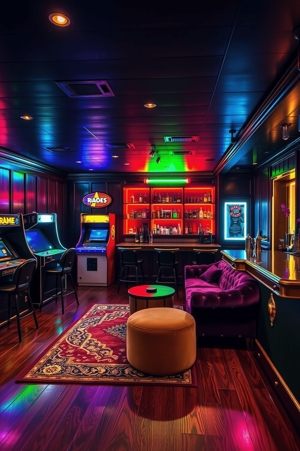 A vibrant speakeasy basement featuring a retro arcade game area. The walls are adorned with dark wood paneling, and colorful neon lights illuminate the space, highlighting vintage arcade machines and a cozy seating area with plush velvet sofas. Incorporate a stylish bar with brass accents and a selection of classic cocktails displayed on shelves behind it. The flooring is a rich hardwood, complemented by an area rug that adds a pop of color, creating an inviting atmosphere for entertainment and relaxation.