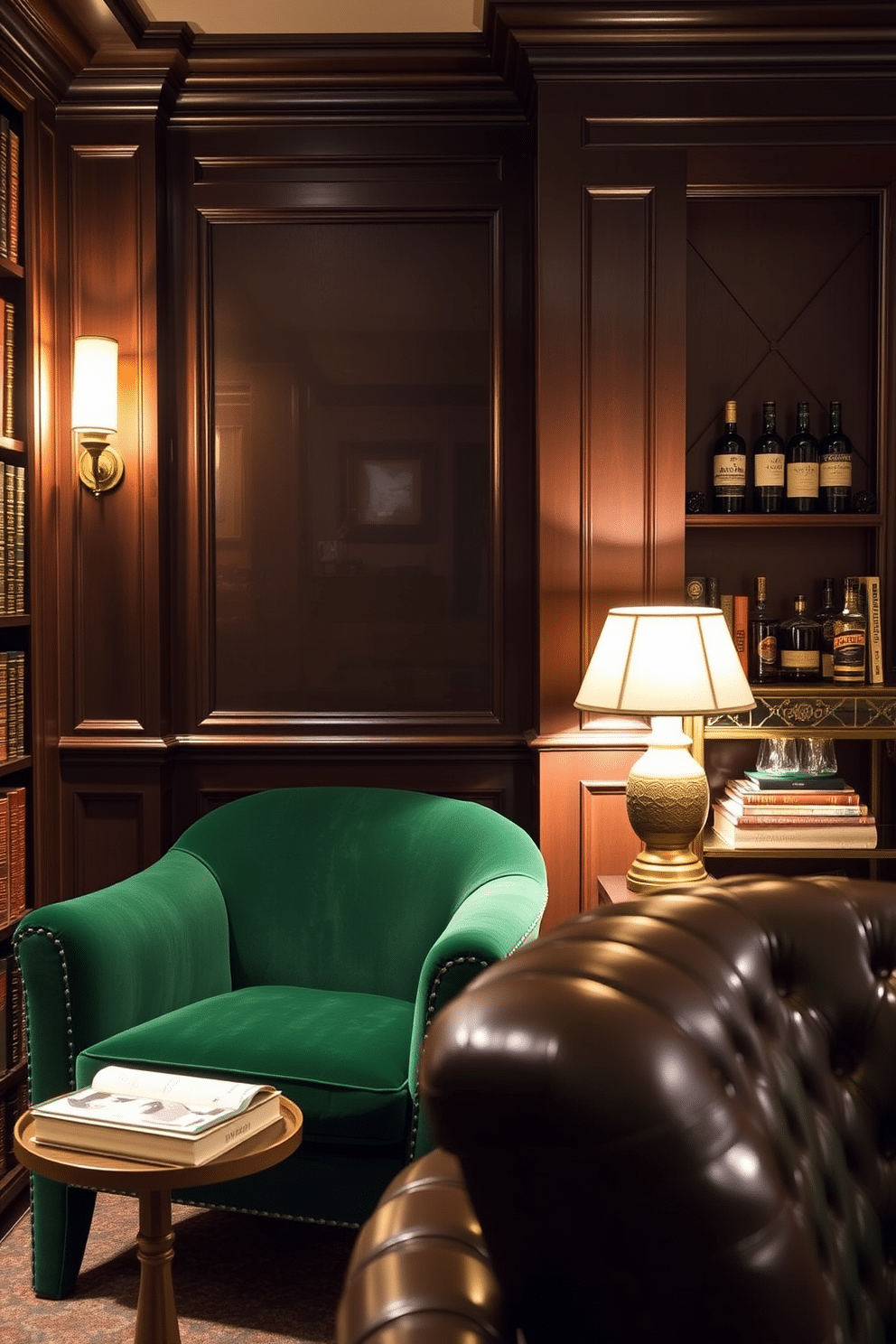 Cozy nooks with velvet armchairs. A plush velvet armchair in deep emerald green is nestled in a corner, accompanied by a small round side table topped with a vintage lamp. Soft, ambient lighting emanates from a nearby wall sconce, casting a warm glow over a collection of well-loved books stacked on a nearby shelf. Speakeasy Basement Design Ideas. The basement features a hidden entrance behind a bookshelf, leading to a dimly lit lounge adorned with dark wood paneling and plush leather seating. A vintage bar cart is elegantly displayed against the wall, stocked with an array of spirits and glassware, while jazz music softly plays in the background, creating an inviting atmosphere for intimate gatherings.