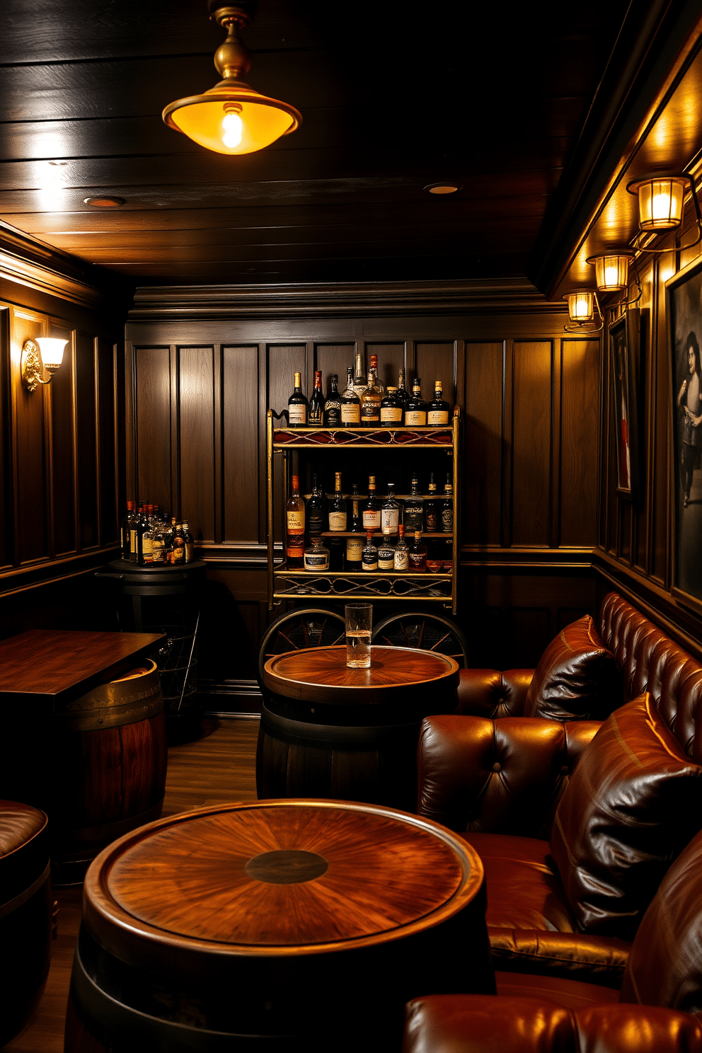 A cozy speakeasy basement with whiskey barrel tables adds rustic charm to the space. The walls are adorned with dark wood paneling, and soft, warm lighting creates an inviting atmosphere. In one corner, a vintage bar cart displays an array of whiskey bottles, complemented by plush leather seating. Rich, deep colors dominate the decor, with accents of brass and aged leather enhancing the old-world feel.