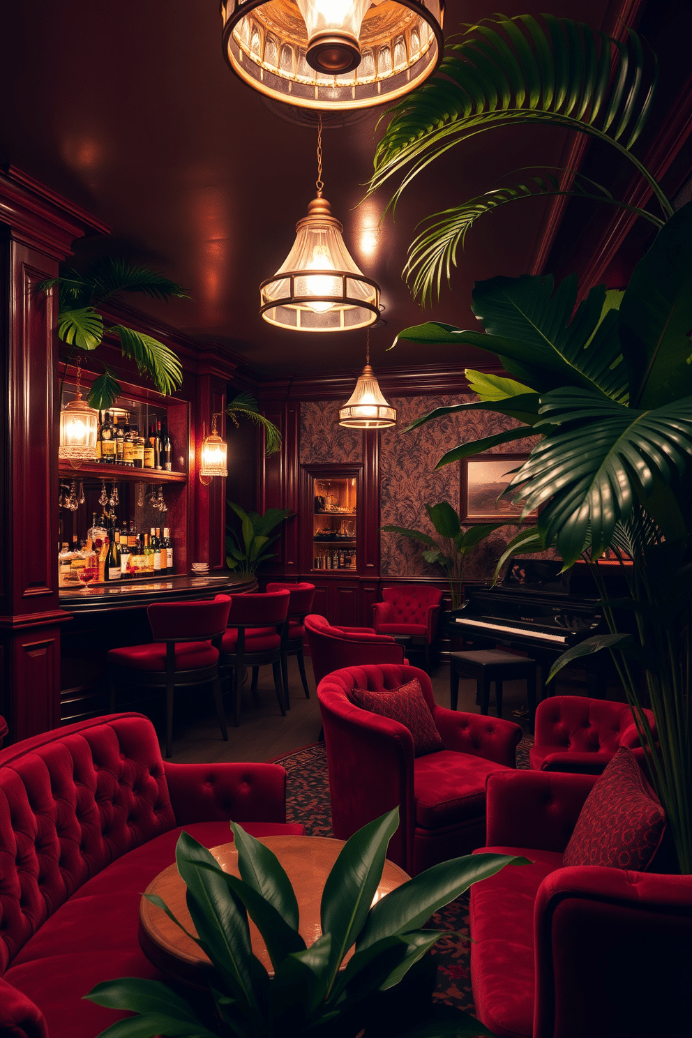 A vibrant speakeasy basement featuring rich mahogany paneling and plush velvet seating. The bar is illuminated by vintage pendant lights, showcasing an array of spirits behind a glass display, while tropical plants are strategically placed to create a lush, inviting atmosphere. The walls are adorned with art deco-inspired wallpaper, and a grand piano sits in the corner, adding to the sophisticated ambiance. Soft jazz music plays in the background, enhancing the overall speakeasy vibe, with a cozy area for intimate gatherings surrounded by greenery.