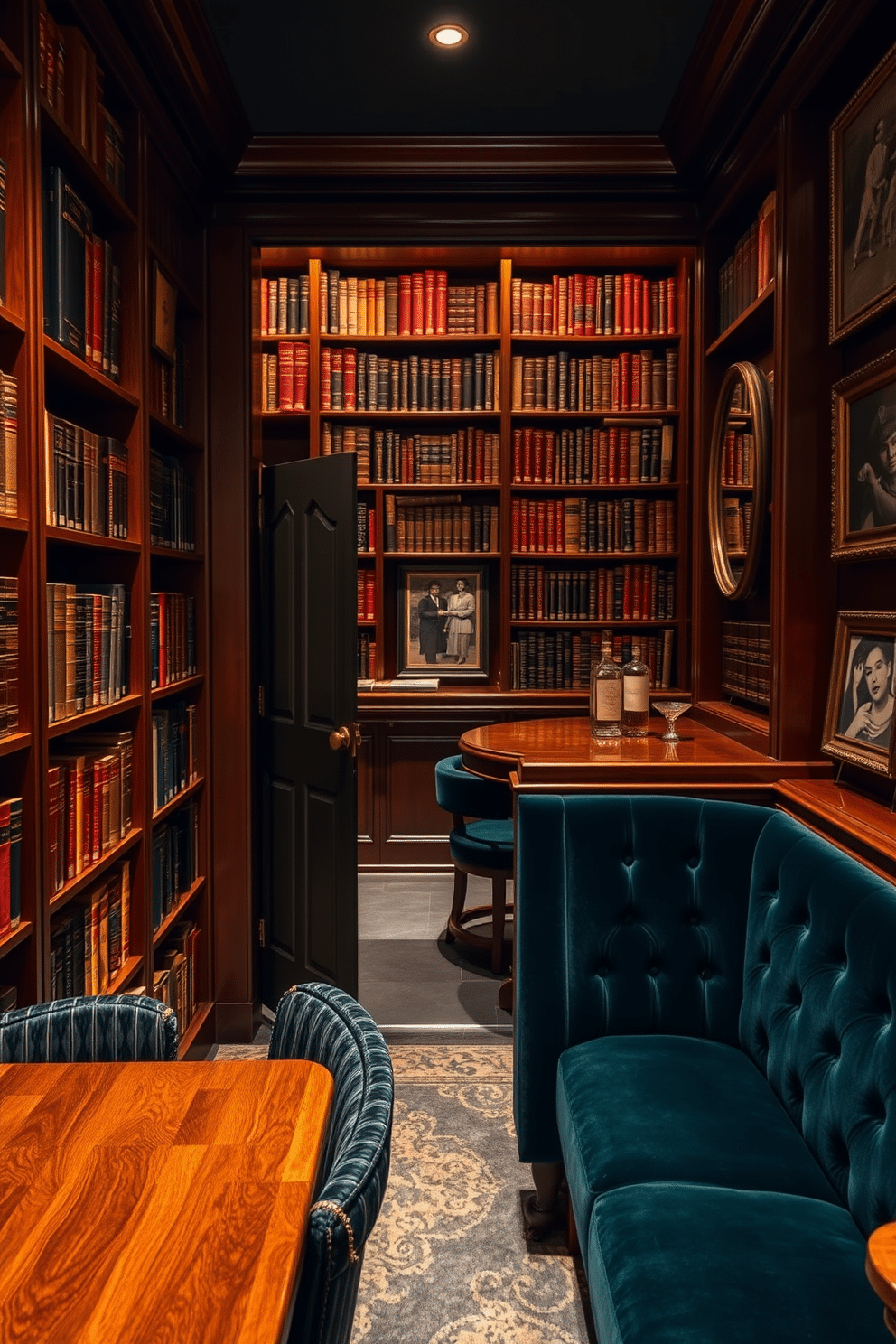 A hidden door is seamlessly integrated into a bookshelf filled with vintage books, creating an air of mystery and exclusivity. The surrounding shelves are crafted from rich mahogany, with soft, ambient lighting illuminating the spines of the books. The speakeasy basement features plush velvet seating in deep jewel tones, inviting guests to relax and enjoy the atmosphere. A sleek bar made of polished wood and brass accents serves craft cocktails, while vintage decor elements like framed black-and-white photos and art deco mirrors enhance the nostalgic vibe.