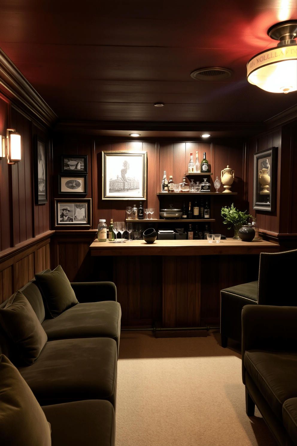 A cozy speakeasy basement with rich, dark wood paneling and plush velvet seating creates an inviting atmosphere. Soft, ambient mood lighting from dimmer switches casts a warm glow, enhancing the intimate vibe of the space. In one corner, a stylish bar is crafted from reclaimed wood, featuring an array of vintage glassware and a selection of fine spirits. Decorative elements like framed black-and-white photographs and art deco accents add to the nostalgic charm of the basement.