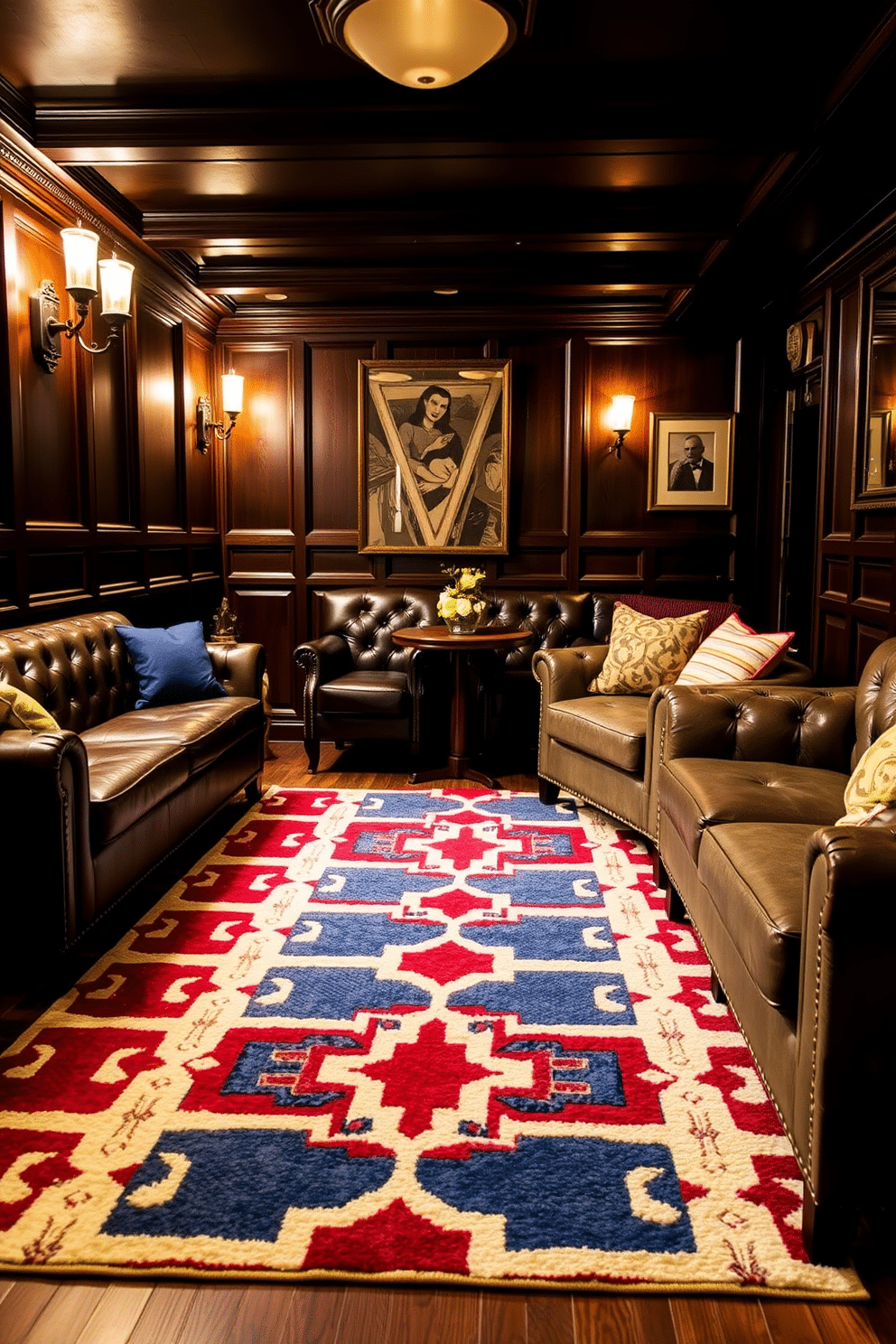 A stylish rug anchors the seating area, featuring a bold geometric pattern that complements the surrounding furniture. The soft texture invites comfort, while its vibrant colors add a lively touch to the space. The speakeasy basement design exudes a sense of vintage charm, with dark wood paneling and plush leather seating. Ambient lighting from vintage sconces creates an intimate atmosphere, perfect for entertaining guests.