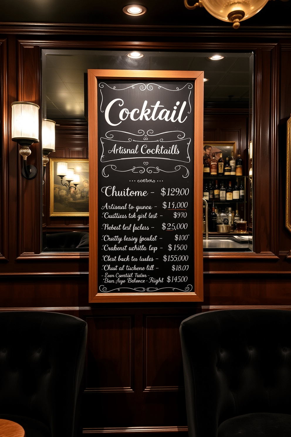 A classic cocktail menu chalkboard display features elegant handwritten typography showcasing a selection of artisanal cocktails. The chalkboard is framed in vintage wood, surrounded by soft ambient lighting that enhances the nostalgic speakeasy atmosphere. Speakeasy basement design ideas include rich, dark wood paneling and plush velvet seating to create an intimate setting. A hidden bar with a mirrored backdrop showcases an array of premium spirits, while vintage decor elements, such as antique lamps and artwork, add character to the space.