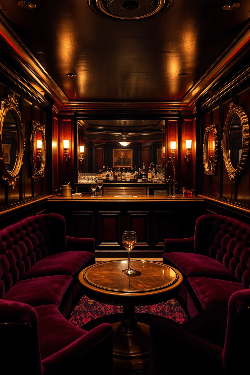 A cozy speakeasy basement features rich mahogany paneling and dim, ambient lighting that creates an intimate atmosphere. Plush velvet seating in deep jewel tones surrounds a low, circular table, while vintage mirrors adorn the walls to enhance the perception of space. The bar area showcases a polished wooden counter with brass accents, stocked with an array of spirits and vintage glassware. Behind the bar, a large mirror reflects the warm glow of strategically placed sconces, adding depth and sophistication to the design.