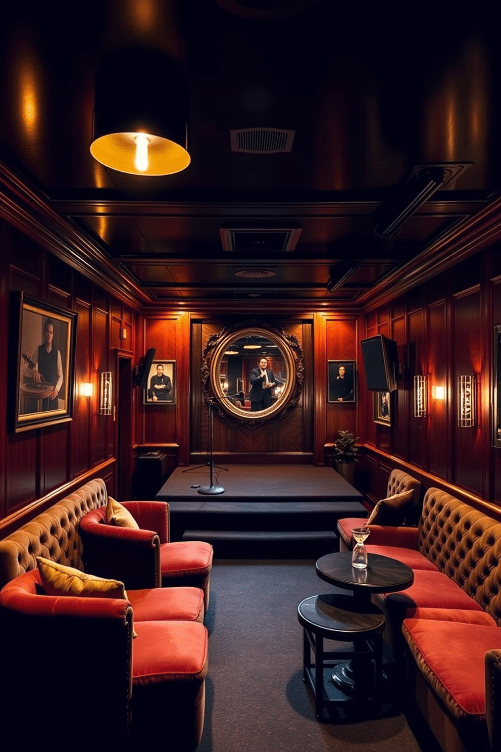 A cozy speakeasy basement designed for intimate live music performances. The space features a small elevated stage with vintage-style lighting, surrounded by plush velvet seating and low tables for an inviting atmosphere. Rich wooden paneling adorns the walls, complemented by dim, warm lighting that creates a moody ambiance. A bar area with an antique mirror backdrop serves craft cocktails, while art deco accents enhance the overall elegance of the setting.