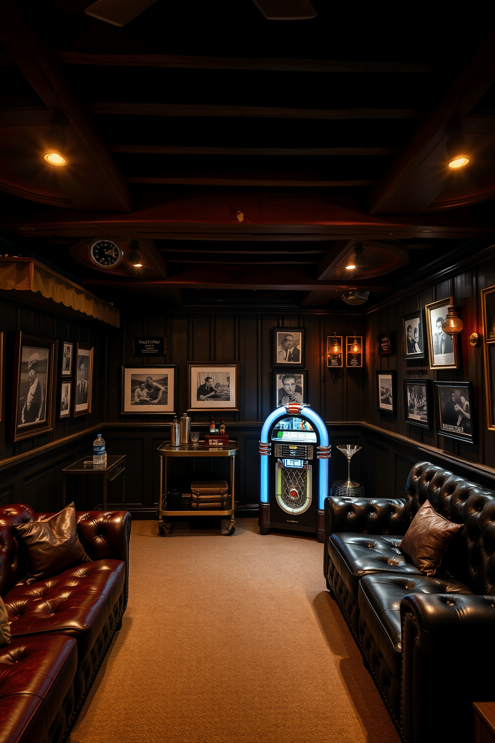 A cozy speakeasy basement features rustic wooden beams that draw the eye upward, creating a warm and inviting atmosphere. The space is adorned with plush leather seating, a vintage bar cart, and dim, ambient lighting that enhances the clandestine vibe. The walls are lined with dark wood paneling, complemented by rich, jewel-toned accents throughout. A classic jukebox stands in the corner, while a collection of framed black-and-white photographs adds a touch of nostalgia to the decor.