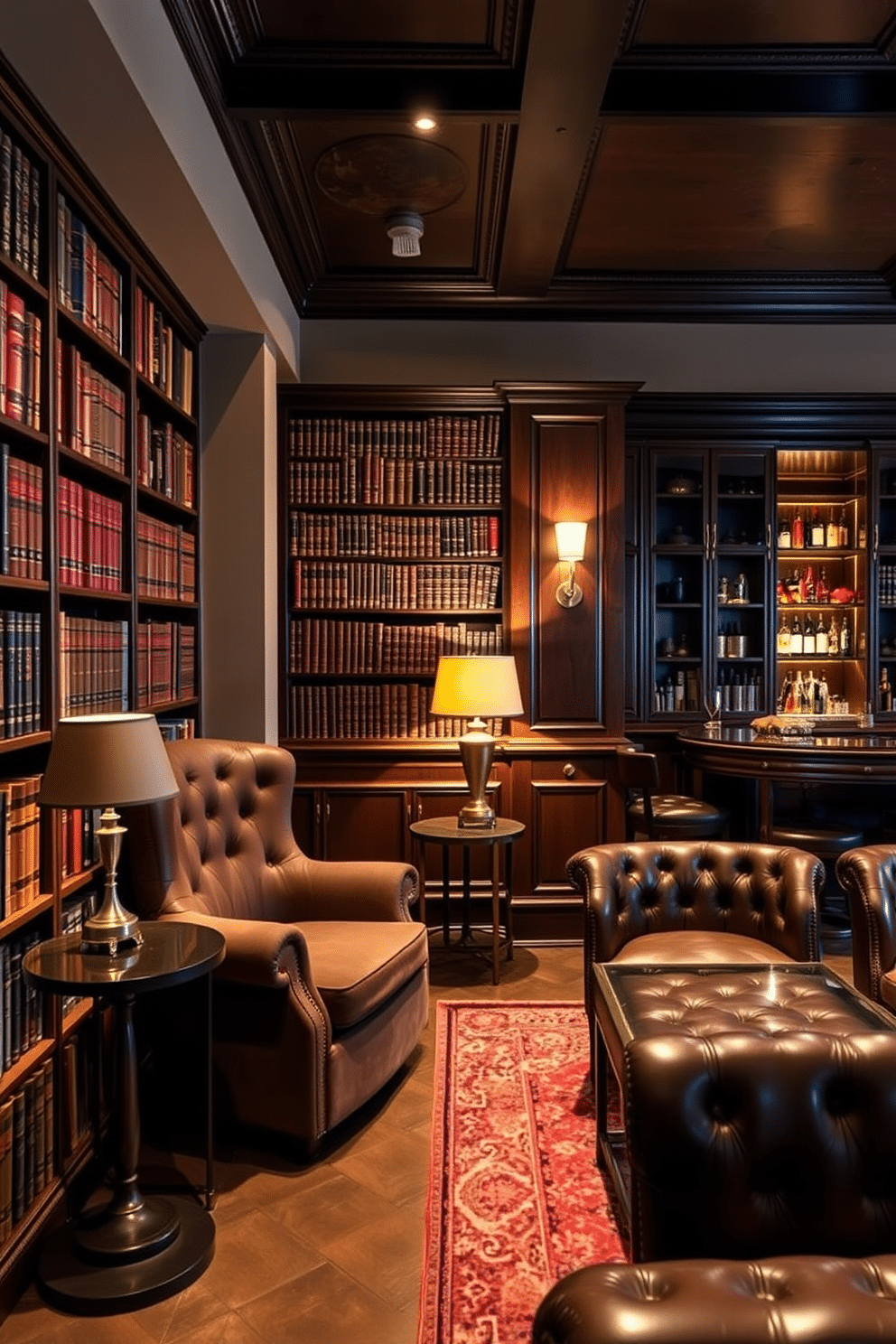 A cozy library with leather-bound books lining the shelves, creating an inviting atmosphere. A plush, oversized armchair sits in the corner, accompanied by a small side table and a warm reading lamp. A sophisticated speakeasy basement featuring a sleek bar made of dark wood and brass accents. Vintage-style seating arrangements with tufted leather sofas and low cocktail tables provide an intimate setting, while dim lighting enhances the ambiance.