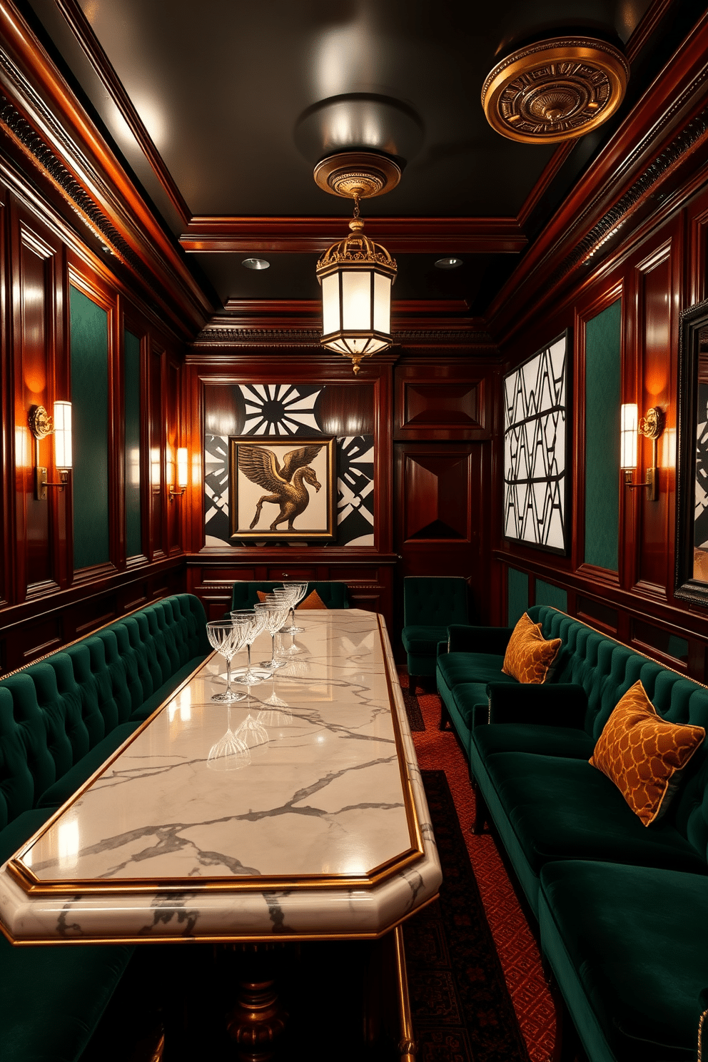 A luxurious speakeasy basement featuring rich mahogany paneling and plush velvet seating in deep emerald green. The room is illuminated by ornate brass sconces and a vintage chandelier, creating an intimate ambiance perfect for entertaining. Geometric patterns adorn the walls, with a bold black and white design that adds a striking contrast to the warm wood tones. A polished marble bar with gold accents serves as the focal point, stocked with vintage glassware and a selection of fine spirits.