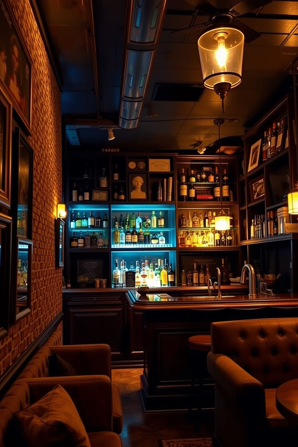 A cozy speakeasy basement featuring floor-to-ceiling shelves filled with an eclectic mix of decor and premium spirits. The warm, dim lighting casts a soft glow on the rich mahogany bar, while plush seating areas invite guests to relax and enjoy the intimate atmosphere.