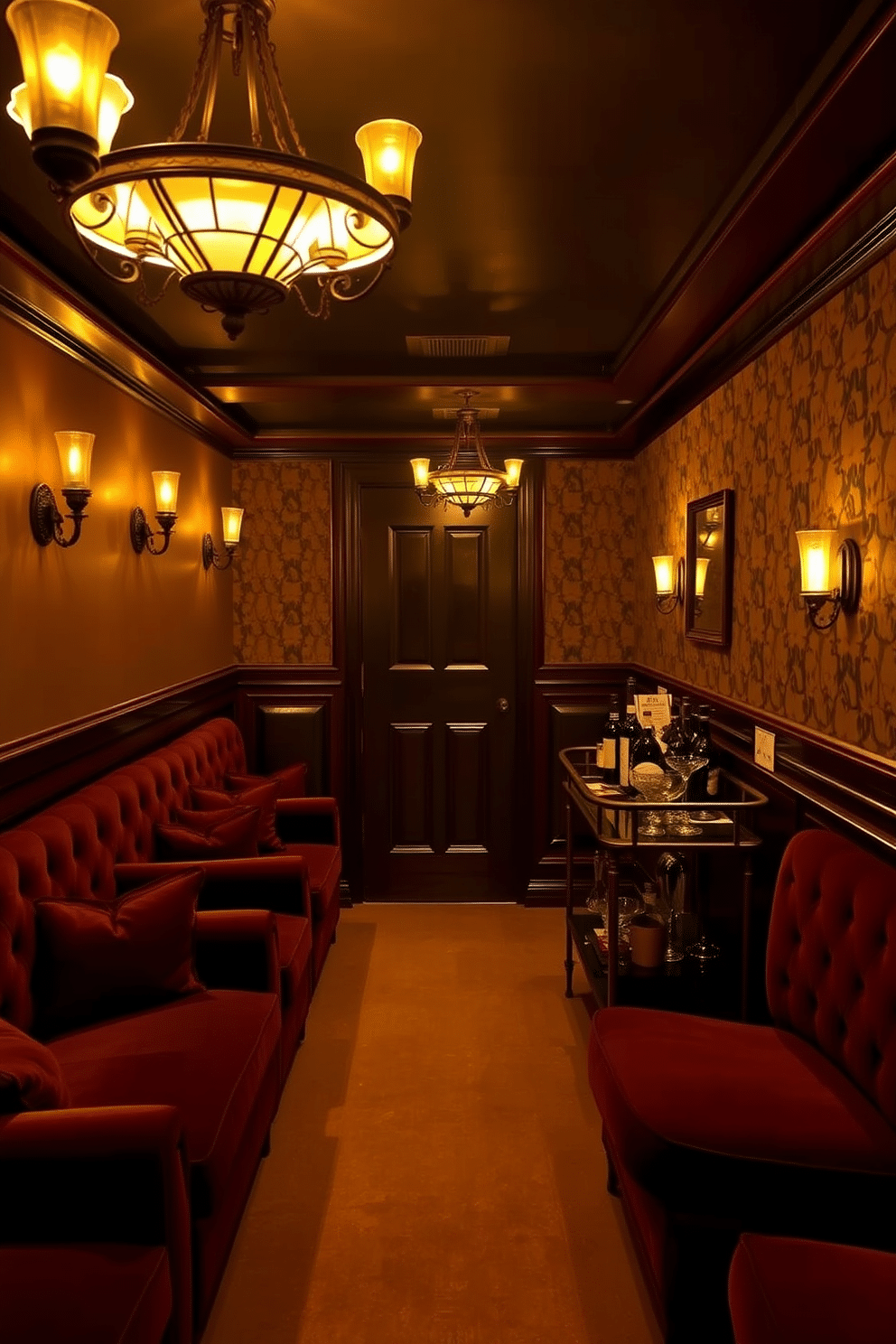 A cozy speakeasy basement with soft amber lighting that creates an intimate atmosphere. Vintage fixtures, including ornate chandeliers and wall sconces, illuminate the space, casting a warm glow over plush, deep-colored seating. The walls are adorned with rich, dark wood paneling and art deco-inspired wallpaper. A classic bar cart is set against one wall, stocked with an array of spirits and elegant glassware, inviting guests to indulge in a sophisticated drink experience.