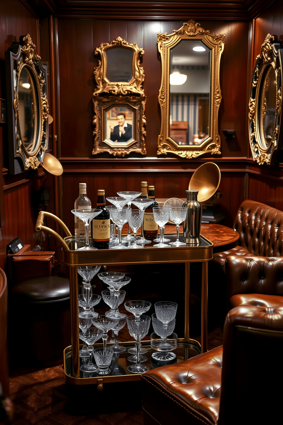 A classic bar cart is elegantly arranged with an assortment of crystal glassware, showcasing a variety of shapes and sizes. The cart features a polished wood finish and brass accents, with a few carefully selected bottles of whiskey and gin displayed alongside a vintage cocktail shaker. The speakeasy basement is designed with a cozy, intimate atmosphere, featuring rich wood paneling and low, ambient lighting. Plush leather seating is arranged around a rustic wooden table, while vintage decor elements like a gramophone and art deco mirrors enhance the hidden bar vibe.