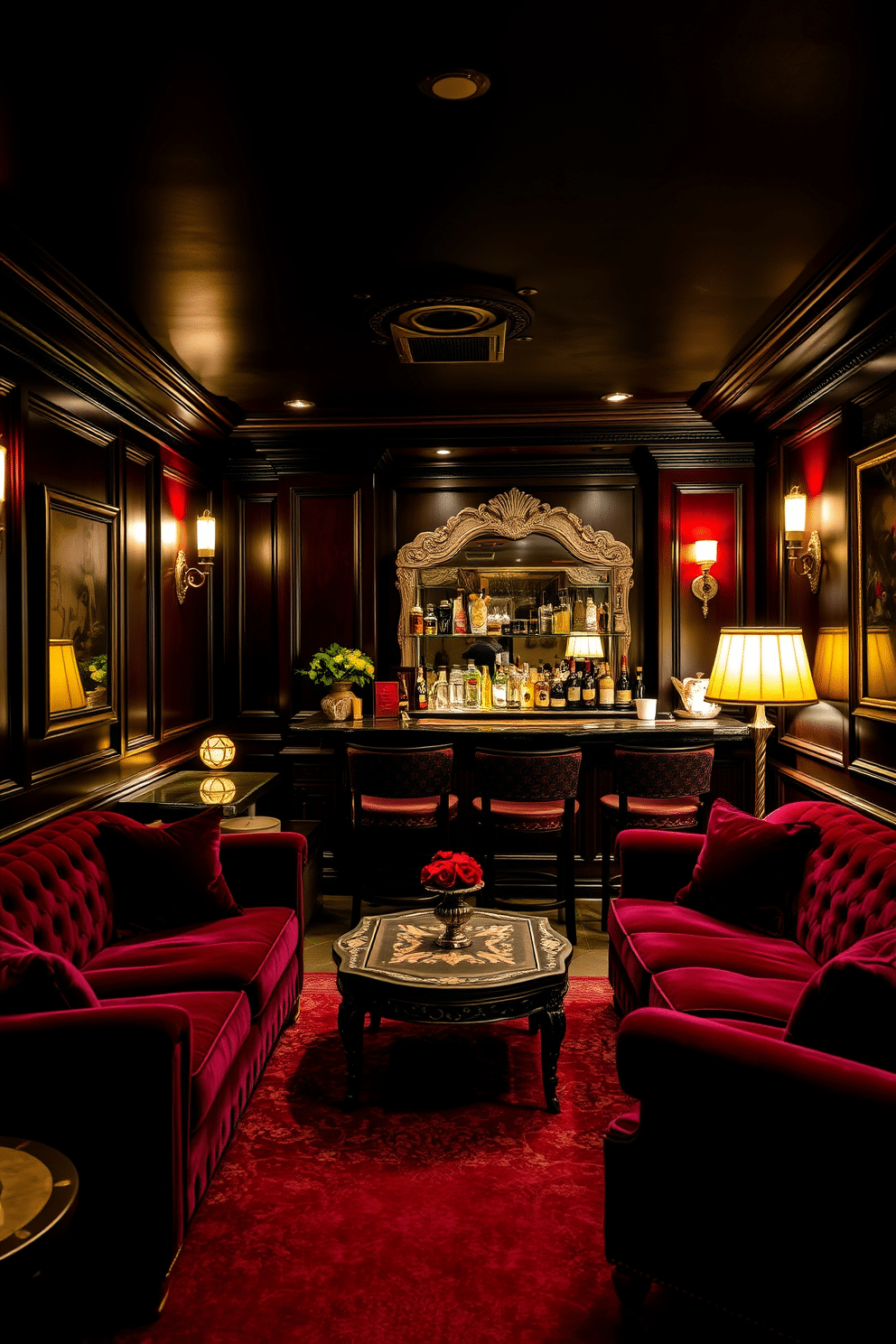 A speakeasy-inspired basement features deep, rich colors like burgundy and navy, creating a cozy yet sophisticated atmosphere. Plush velvet sofas are arranged around a low, ornate coffee table, while dim, warm lighting casts a soft glow over the space. The walls are adorned with dark wood paneling, and vintage art deco elements add a touch of glamour. A well-stocked bar with an antique mirror backdrop and brass accents serves as the focal point, inviting guests to enjoy a classic cocktail in style.