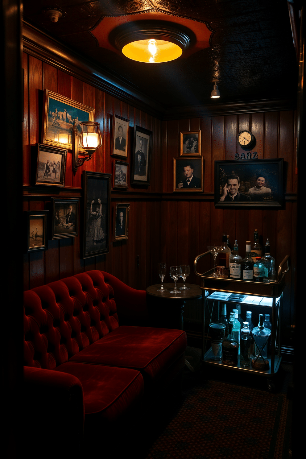 A cozy speakeasy basement with dim lighting and rich wood paneling. The walls are adorned with vintage photographs and eclectic artwork, creating an atmosphere of nostalgia and charm. In one corner, a plush velvet sofa invites guests to relax, complemented by a small round table topped with vintage glassware. A classic bar cart stands against the wall, stocked with an array of spirits and cocktail accessories, adding to the sophisticated ambiance.