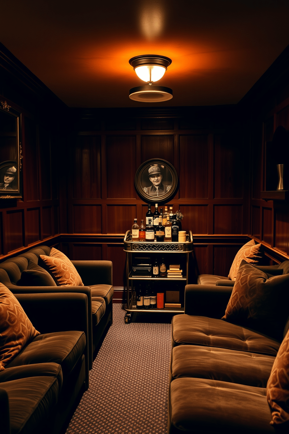 A cozy speakeasy basement featuring low-slung sofas adorned with plush cushions, inviting relaxation and conversation. The walls are lined with rich wood paneling, and soft, ambient lighting creates an intimate atmosphere, complemented by a vintage bar cart stocked with an array of spirits.