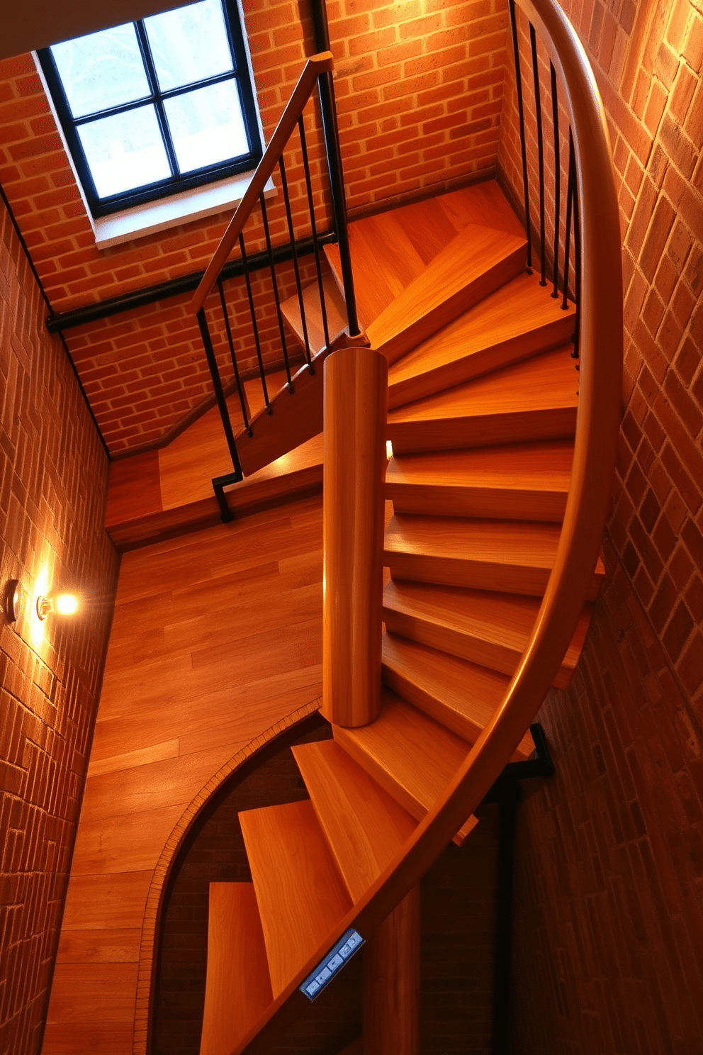 A rustic wooden spiral staircase winds gracefully upward, showcasing rich, textured wood with a natural finish that highlights its organic beauty. The sturdy railings, crafted from wrought iron, add a touch of elegance while ensuring safety and stability. Surrounding the staircase, warm ambient lighting casts a soft glow, enhancing the inviting atmosphere of the space. The staircase is framed by exposed brick walls, creating a charming contrast that emphasizes the rustic aesthetic.