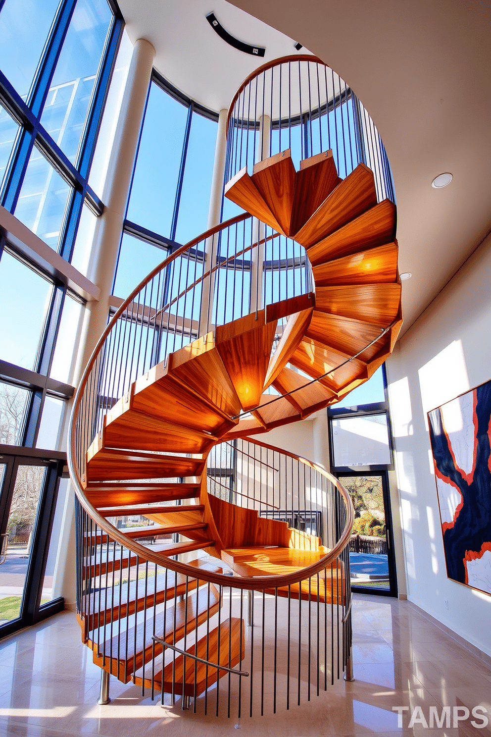 An artistic spiral staircase spirals elegantly upward, featuring unique geometric shapes that create a stunning visual impact. The staircase is crafted from a combination of polished wood and sleek metal, with each step showcasing a different design element that draws the eye. Surrounding the staircase, large windows allow natural light to flood the space, illuminating the intricate details of the design. The walls are adorned with contemporary artwork that complements the staircase's modern aesthetic, enhancing the overall ambiance of the room.