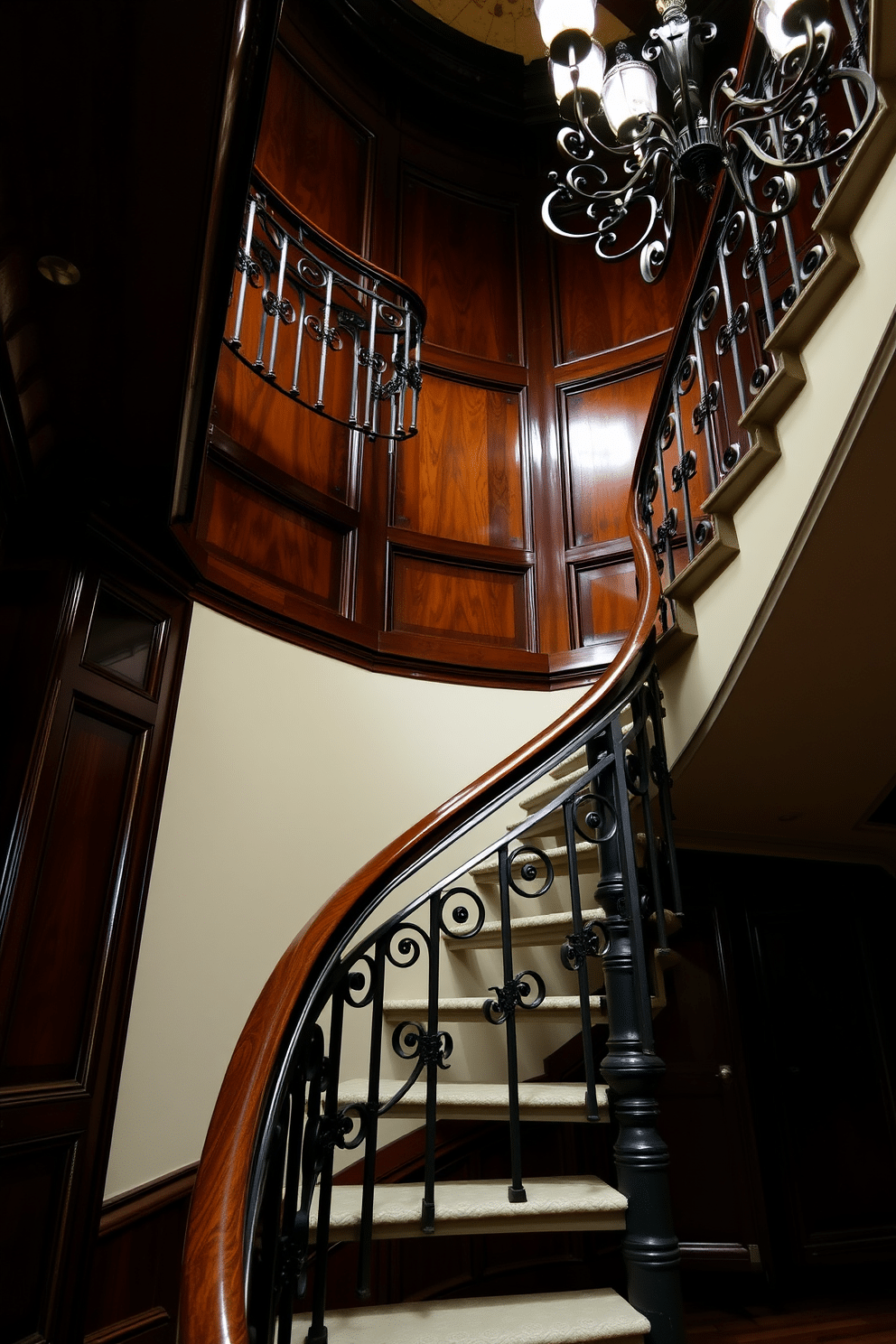 A vintage spiral staircase with ornate details ascends gracefully, featuring intricate wrought iron balusters and a polished wooden handrail. The staircase is surrounded by a rich, dark wood paneling that enhances its classic charm, while a chandelier hangs elegantly above, casting a warm glow over the scene.