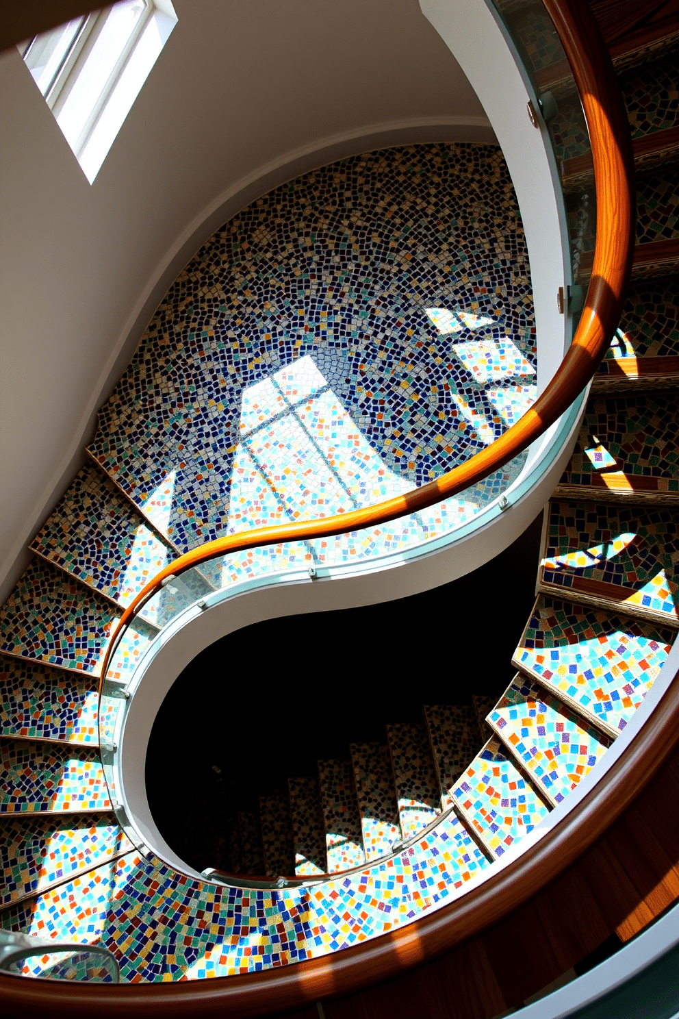 A stunning spiral staircase featuring vibrant mosaic tile steps that create a playful yet elegant atmosphere. The handrail is crafted from polished wood, seamlessly blending with the colorful tiles to enhance the overall design. Natural light floods the space, illuminating the intricate patterns of the mosaic and casting beautiful shadows on the surrounding walls. The staircase is framed by a modern glass railing, providing an open and airy feel while showcasing the artistic steps.