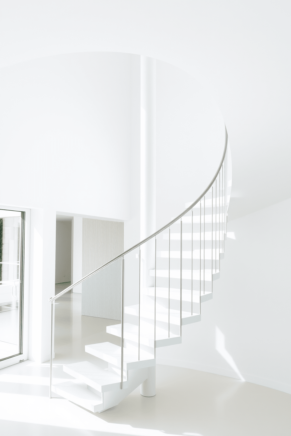 A minimalist white spiral staircase with open risers elegantly ascends through a bright, airy space. The sleek design features smooth, uninterrupted lines, creating a sense of openness and flow in the room. The staircase is complemented by a simple glass railing that enhances the modern aesthetic. Natural light floods the area, highlighting the pristine white finish and emphasizing the staircase's sculptural form.