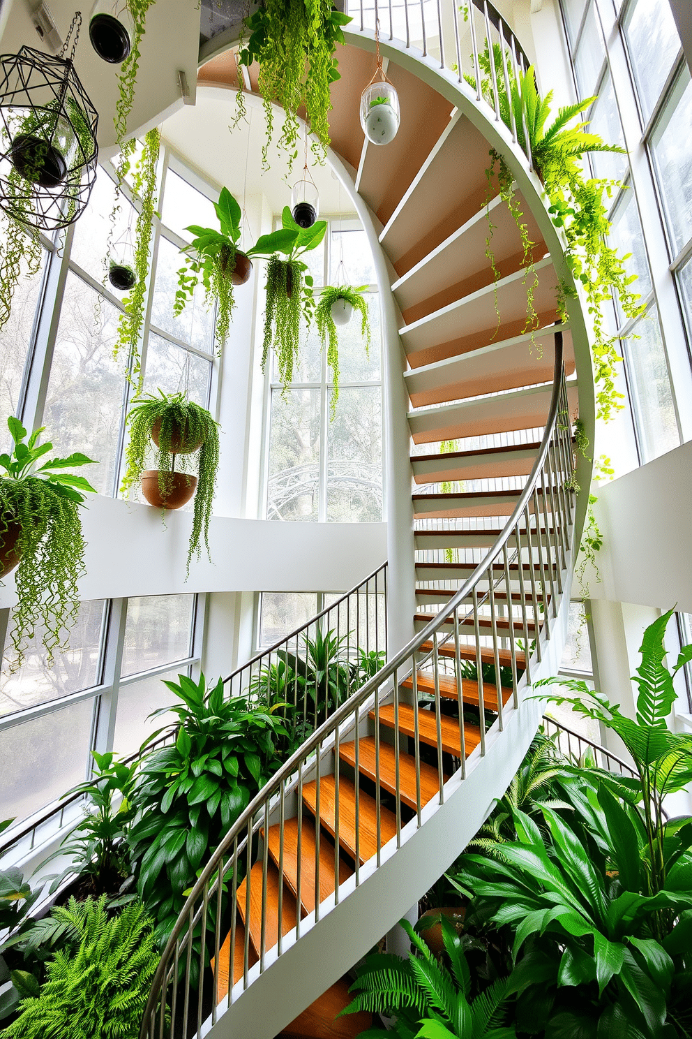 A stunning spiral staircase elegantly winds its way upward, surrounded by lush indoor greenery that creates a serene atmosphere. The staircase features sleek metal railings and wooden treads, complementing the vibrant green plants cascading from the surrounding planters. The space is illuminated by soft, natural light filtering through large windows, enhancing the organic feel of the indoor garden. Decorative elements like hanging terrariums and potted ferns are strategically placed to draw the eye upwards, creating a harmonious blend of architecture and nature.