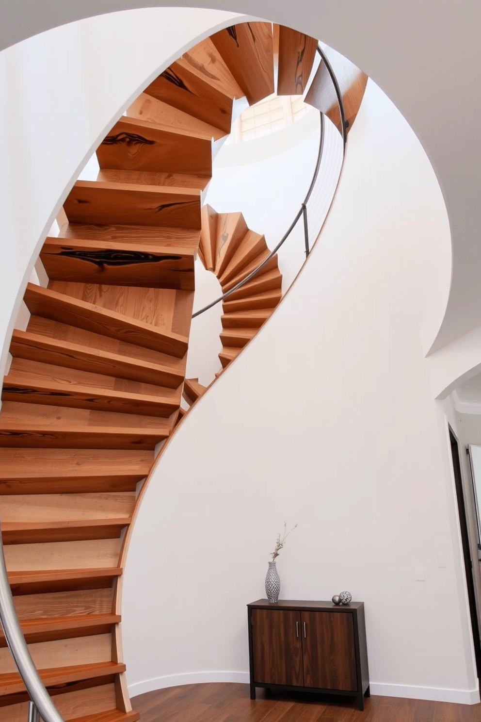 A stunning spiral staircase features reclaimed wood steps that gracefully wind upwards, showcasing the natural grain and texture of the wood. The staircase is surrounded by a sleek metal railing, providing a contemporary contrast to the rustic charm of the steps. Soft, ambient lighting highlights the curves of the staircase, creating an inviting atmosphere. Below, a minimalist entryway with a stylish console table complements the elegance of the spiral design.