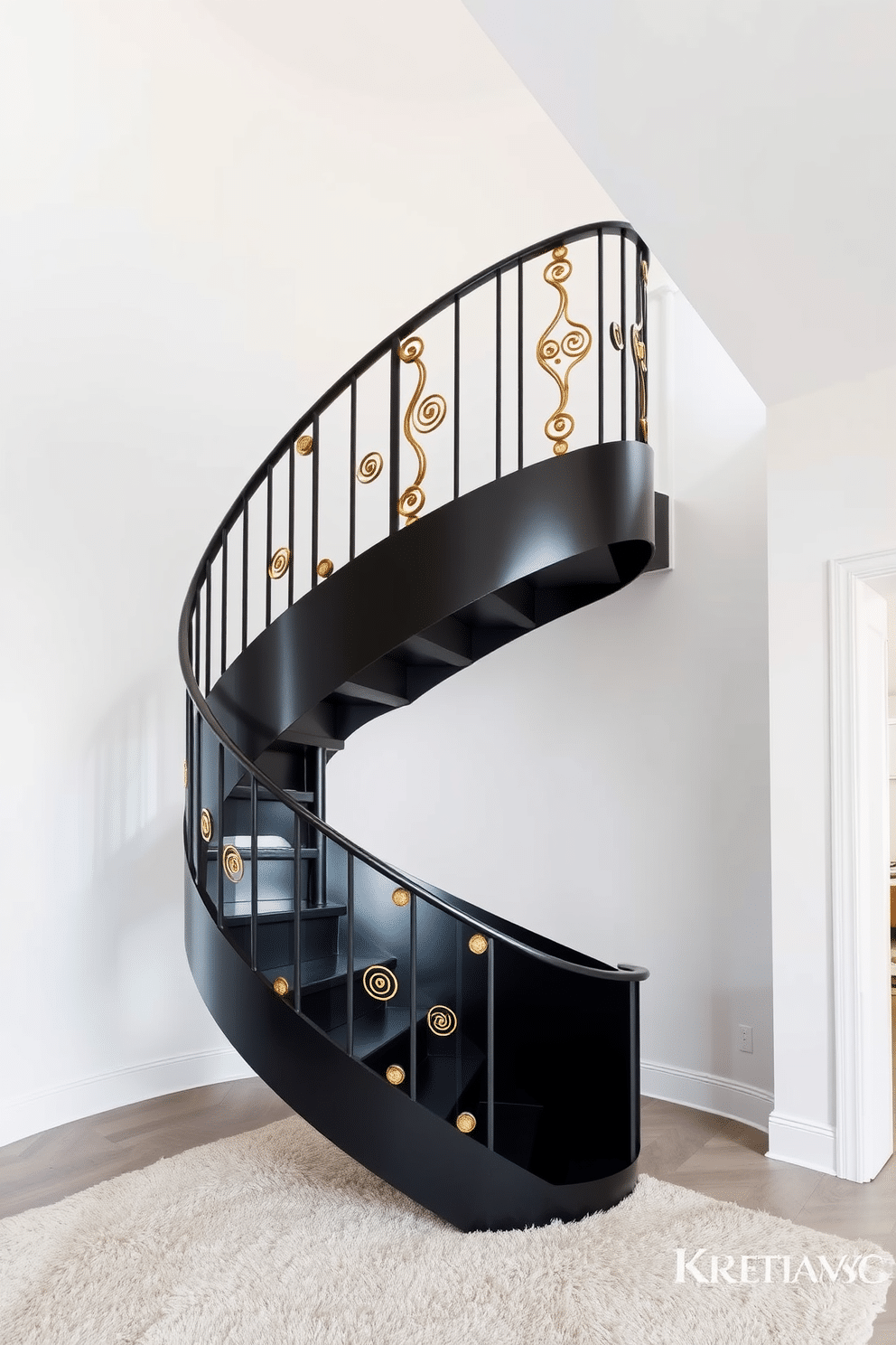 A bold black spiral staircase with gold accents spirals elegantly upwards, serving as a striking focal point in the room. The staircase features a sleek metal railing with intricate gold detailing that complements the modern aesthetic of the space. The surrounding walls are painted in a soft white hue, enhancing the dramatic contrast of the black staircase. Below, a plush area rug in neutral tones adds warmth and texture, inviting guests to admire the design from every angle.