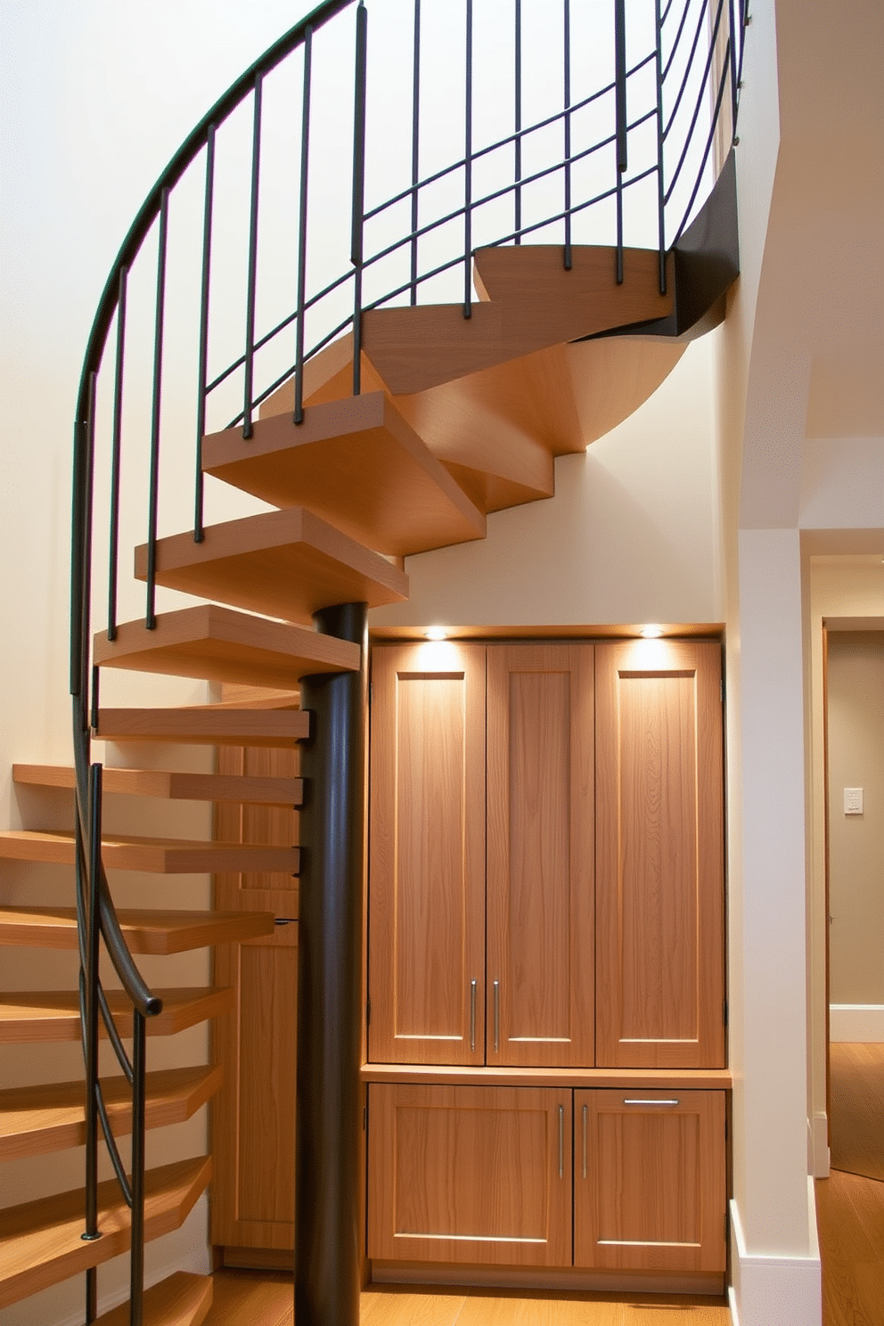 A stunning spiral staircase with integrated storage solutions. The staircase features elegant wooden treads and a sleek metal railing, seamlessly blending form and function. Beneath the staircase, custom cabinetry provides ample storage space, designed to match the staircase's finish. Soft lighting illuminates the area, highlighting the unique architectural details and creating a warm ambiance.