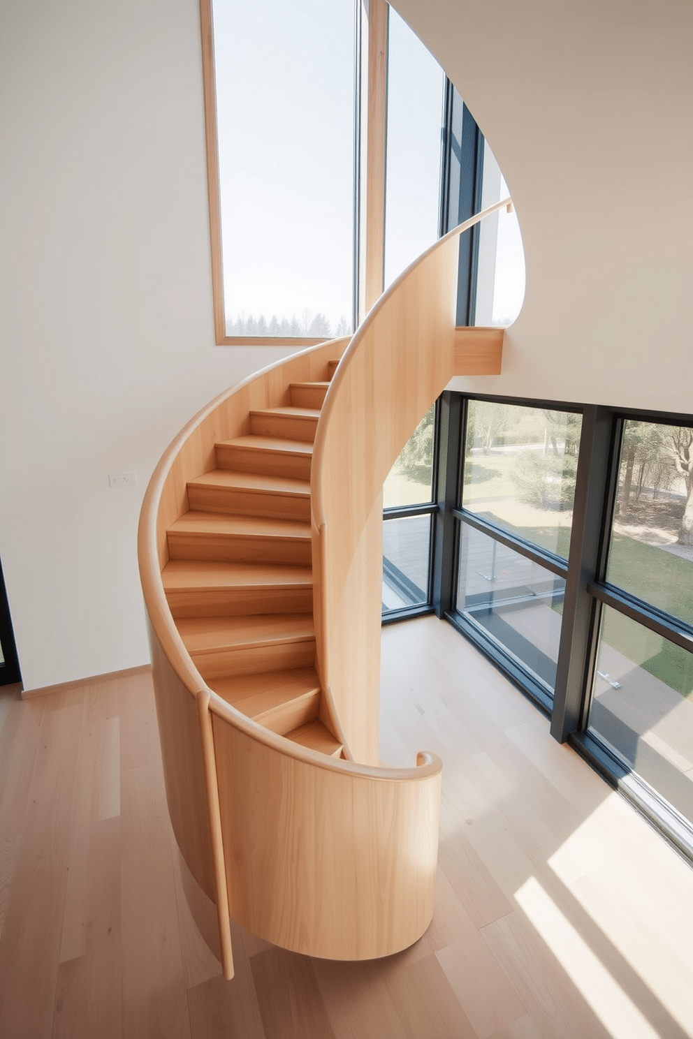 A Scandinavian-inspired spiral staircase made of light wood gracefully winds upward, featuring clean lines and a minimalist aesthetic. The staircase is surrounded by large windows that allow natural light to flood the space, enhancing the warm tones of the wood and creating an inviting atmosphere.