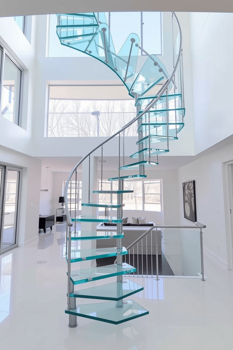 A sleek modern glass spiral staircase ascends gracefully, featuring a minimalistic design that emphasizes open space and light. The transparent glass treads are supported by a subtle metal framework, creating a seamless flow between each level of the home. The staircase is surrounded by a bright, airy foyer with high ceilings and large windows that invite natural light. A simple yet elegant railing complements the staircase's design, enhancing the overall contemporary aesthetic of the space.