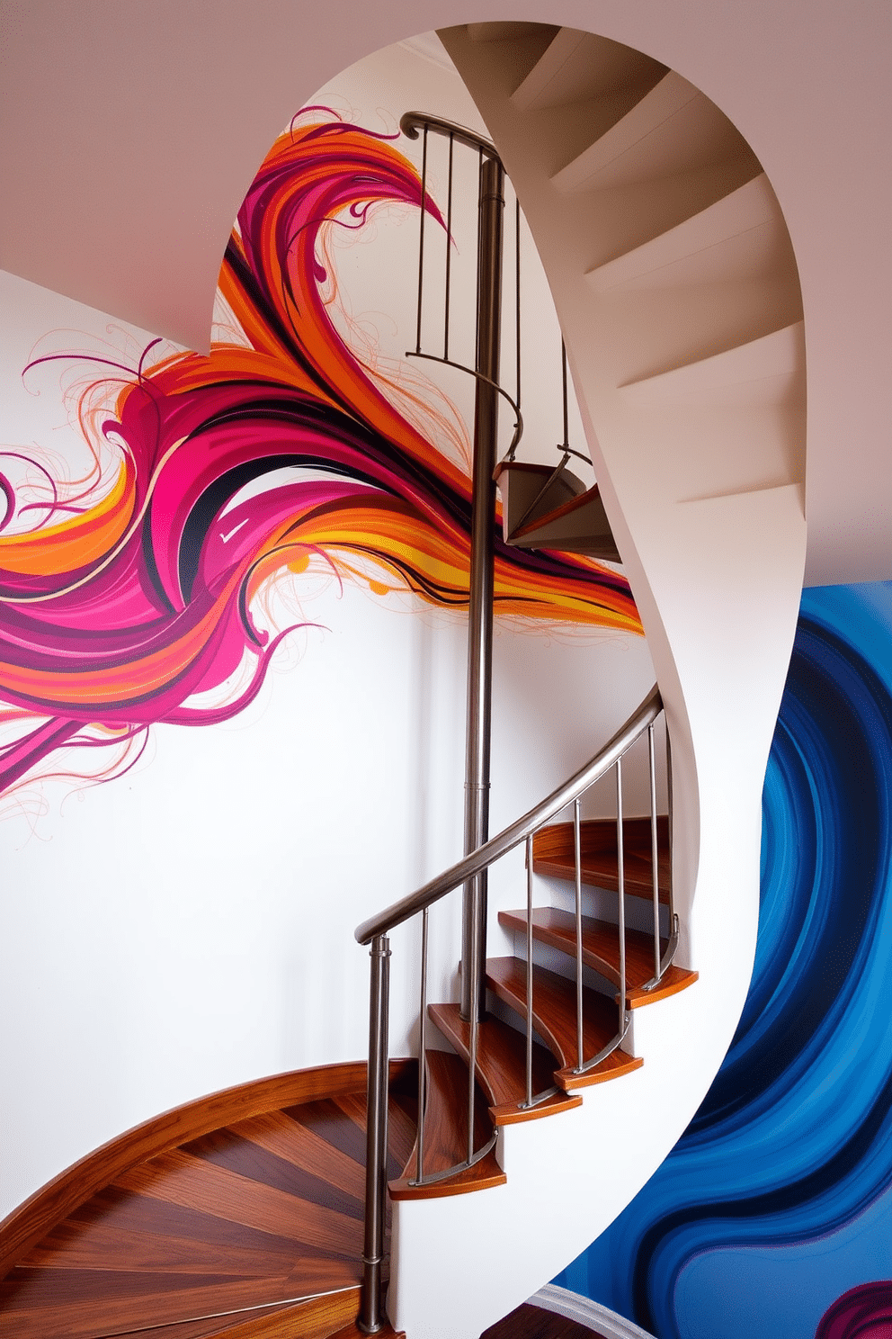 A stunning spiral staircase gracefully ascends, its sleek metal railing contrasting beautifully with the rich wooden steps. The wall beside the staircase features an artistic mural, vibrant colors swirling in an abstract design that draws the eye upward.