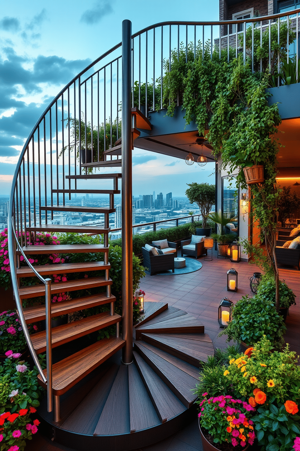 A stunning outdoor spiral staircase winds gracefully to a rooftop terrace, surrounded by lush greenery and vibrant flowers. The staircase features sleek metal railings and wooden treads, blending modern design with natural elements. The rooftop terrace boasts a panoramic view of the city skyline, adorned with stylish outdoor furniture and ambient lighting. Potted plants and decorative lanterns create a cozy atmosphere, perfect for evening gatherings.