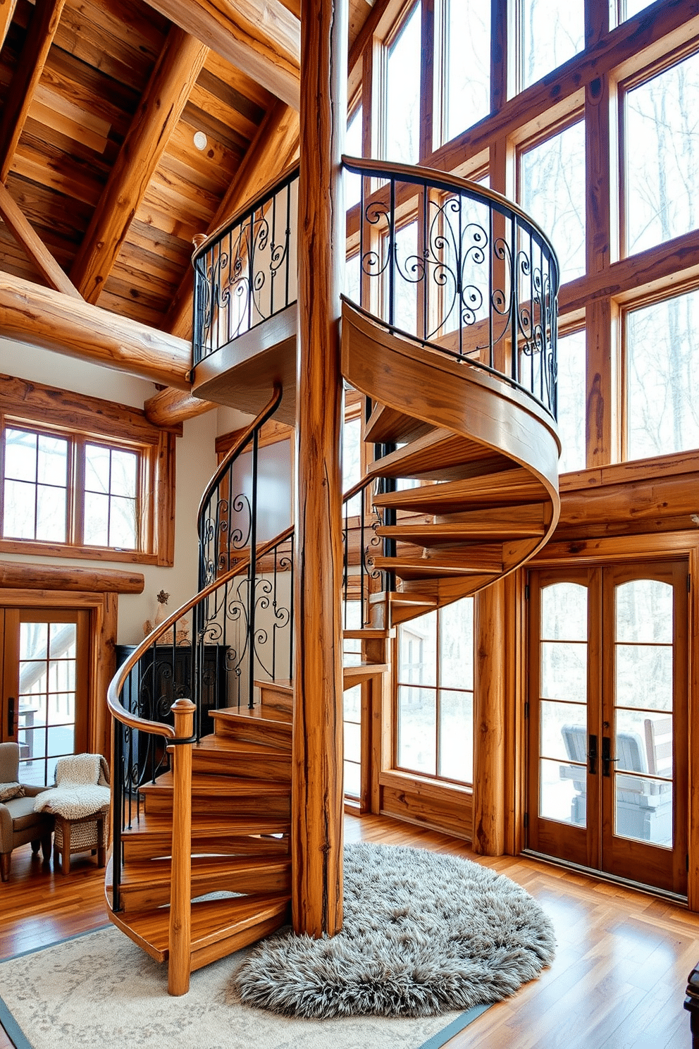 A rustic spiral staircase made of reclaimed wood, showcasing a log cabin aesthetic with exposed beams and natural finishes. The staircase features intricate iron railings that complement the warm tones of the wood, creating a cozy and inviting focal point in the space. Surrounding the staircase, large windows allow natural light to flood in, highlighting the textures of the wood and the soft hues of the cabin decor. A plush area rug at the base of the staircase adds warmth and comfort, inviting guests to explore the upper levels of the home.