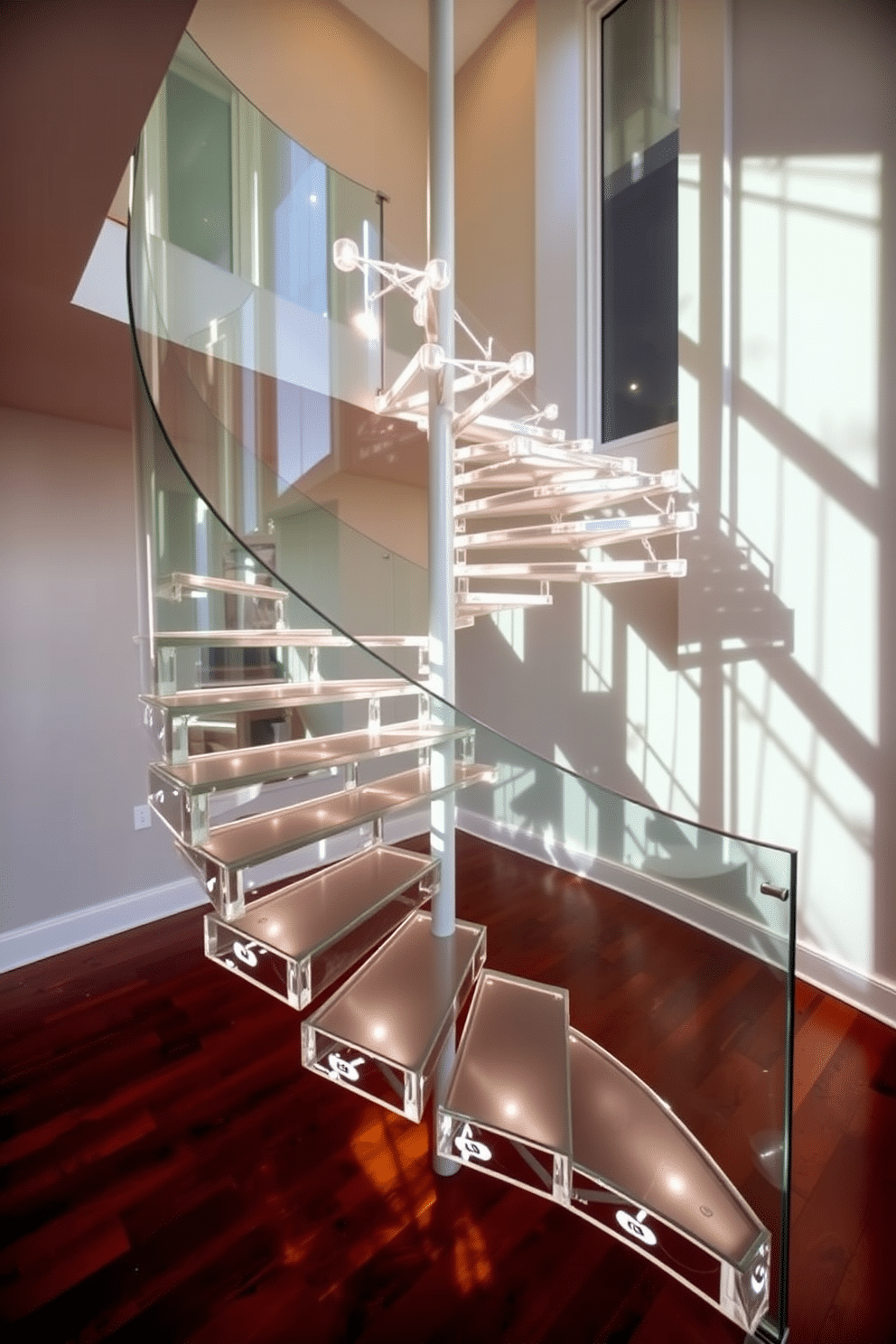 A stunning floating spiral staircase features transparent treads that create an illusion of lightness and elegance. The staircase is surrounded by a sleek glass railing, enhancing the open feel of the space and allowing for unobstructed views of the surrounding area. The design incorporates soft, ambient lighting that highlights the curves of the staircase, casting gentle shadows on the walls. Rich hardwood flooring below contrasts beautifully with the modern materials, adding warmth to the contemporary aesthetic.