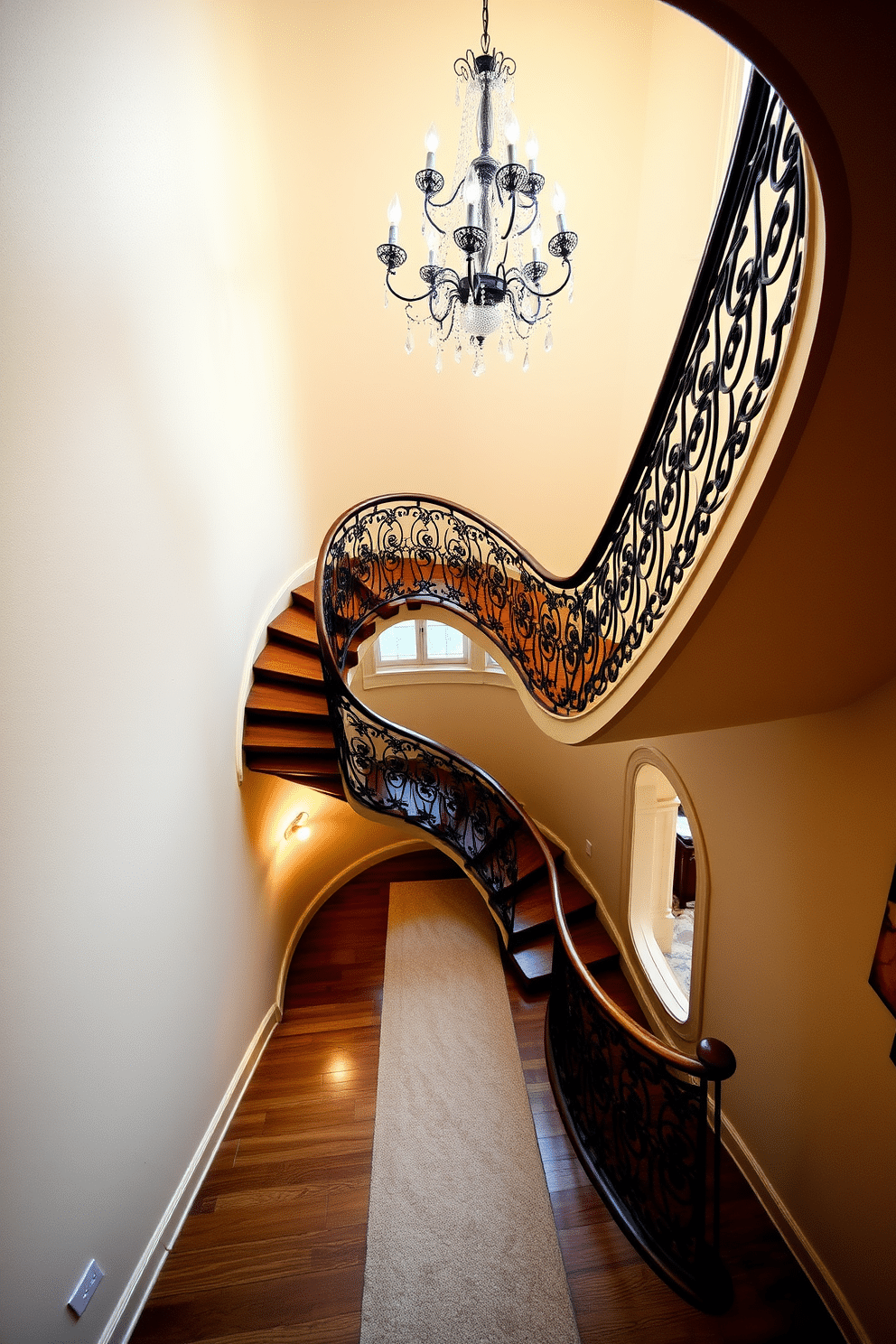 A stunning spiral staircase ascends gracefully, its wrought iron balustrade intricately designed to complement the elegant architecture of the space. Above, a vintage chandelier with crystal accents casts a warm glow, illuminating the staircase and enhancing its dramatic curves. The staircase features rich wooden treads that contrast beautifully with the soft, neutral walls surrounding it. Below, a plush runner in a subtle pattern adds a touch of luxury, guiding the eye upward to the ornate chandelier that serves as a focal point in the room.