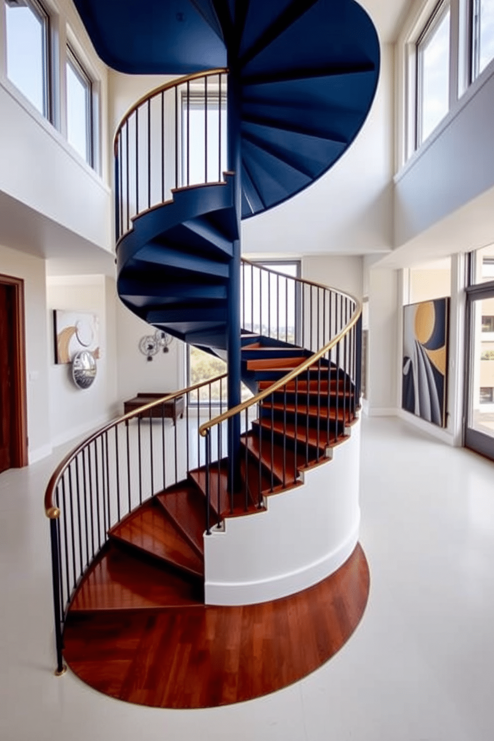 A stunning spiral staircase elegantly spirals upward, featuring a contrasting color scheme of deep navy blue and crisp white. The handrail is crafted from polished brass, adding a touch of luxury, while the staircase treads are made of rich mahogany, providing warmth and depth. Surrounding the staircase, a minimalist foyer boasts high ceilings and large windows that flood the space with natural light. The walls are adorned with contemporary art pieces that complement the staircase's bold colors, creating a harmonious and inviting atmosphere.