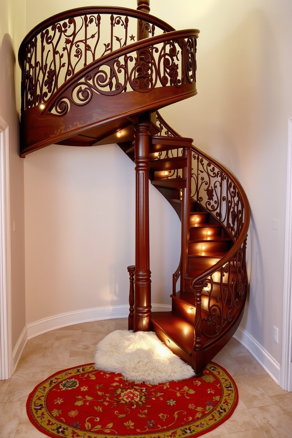 A whimsical spiral staircase spirals elegantly upwards, crafted from rich mahogany with intricate carvings depicting enchanting forest scenes. The balustrade is adorned with delicate, hand-painted floral motifs, and soft, ambient lighting glows from beneath each step, creating a magical atmosphere. At the base of the staircase, a plush, vintage rug with vibrant colors complements the staircase design, inviting guests to explore further. The surrounding walls are painted in soft pastels, enhancing the fairy-tale charm of this stunning focal point in the home.