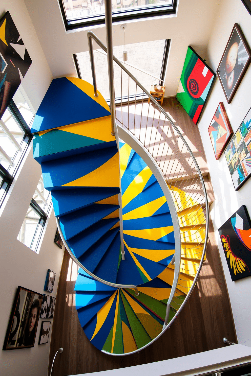 A striking geometric patterned spiral staircase spirals elegantly upward, showcasing an array of bold colors that create a vibrant focal point in the space. The staircase features alternating treads of deep blue and bright yellow, complemented by a sleek metal railing that adds a modern touch. Surrounding the staircase, the walls are adorned with contemporary art pieces that echo the staircase's color palette, enhancing the overall aesthetic. Natural light floods the area through large windows, casting dynamic shadows that play across the staircase, further emphasizing its unique design.