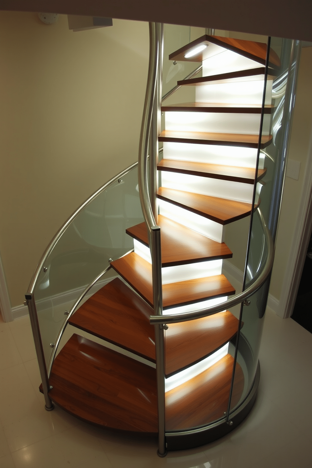 A stunning spiral staircase with integrated lighting that illuminates each step, creating a dramatic effect. The staircase features a sleek metal railing and is surrounded by a glass enclosure, allowing for an open and airy feel. The steps are crafted from rich hardwood, contrasting beautifully with the modern lighting elements. This design serves as a focal point in the entryway, enhancing the overall elegance of the space.