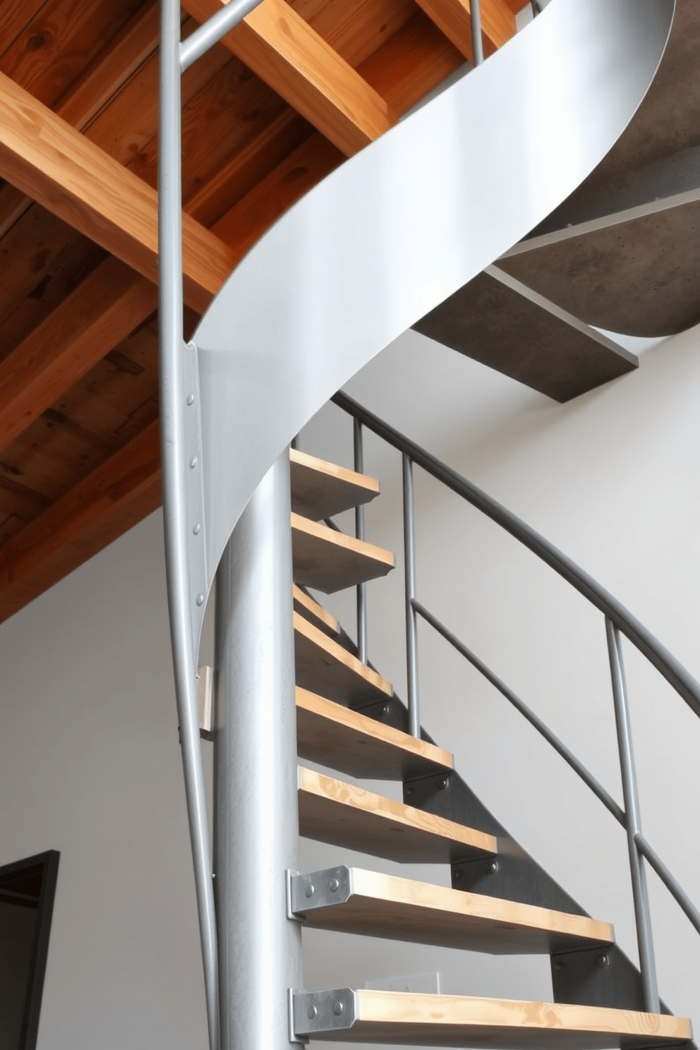 An industrial metal spiral staircase ascends gracefully, featuring sleek, curved treads that showcase a raw finish. Exposed wooden beams overhead add warmth and texture, contrasting beautifully with the cool metal structure.