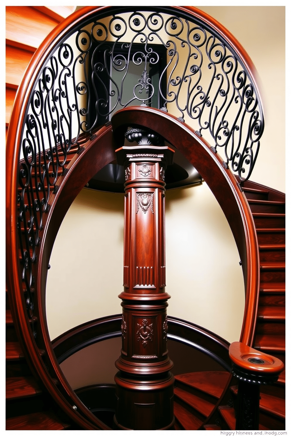 A stunning spiral staircase with a central column feature gracefully ascends to the upper level. The staircase is crafted from rich mahogany wood, with elegant wrought iron railings that add a touch of sophistication. The central column is adorned with intricate carvings, enhancing the staircase's visual appeal. Soft, ambient lighting highlights the curves of the staircase, creating a warm and inviting atmosphere.