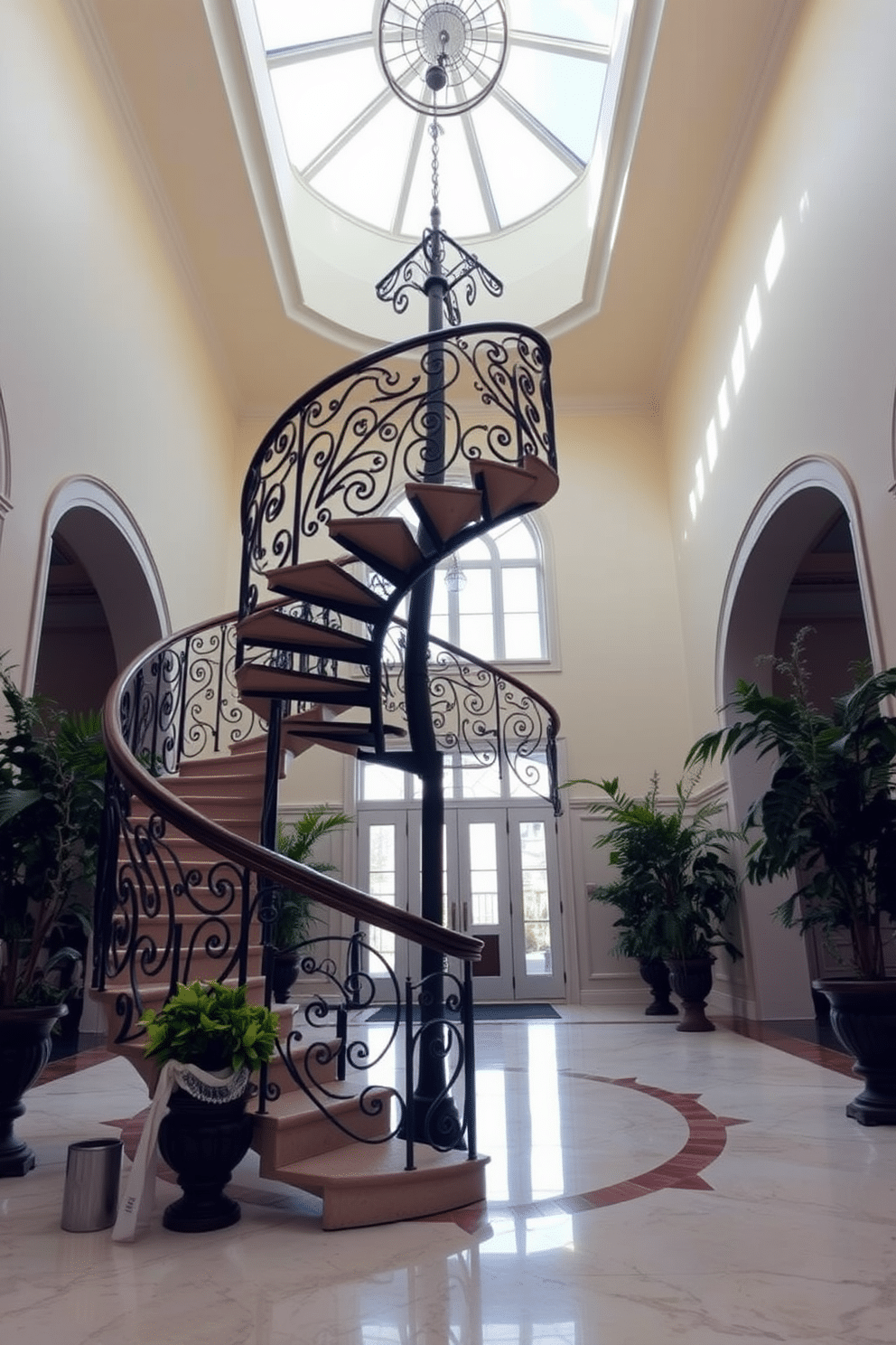 Elegant wrought iron spiral staircase in a grand foyer. The staircase features intricate scrollwork and a polished wooden handrail that complements the marble flooring below. Natural light floods the space through a large skylight above, highlighting the stunning craftsmanship of the staircase. Surrounding the foyer, lush greenery in decorative pots adds a touch of freshness and warmth to the elegant setting.