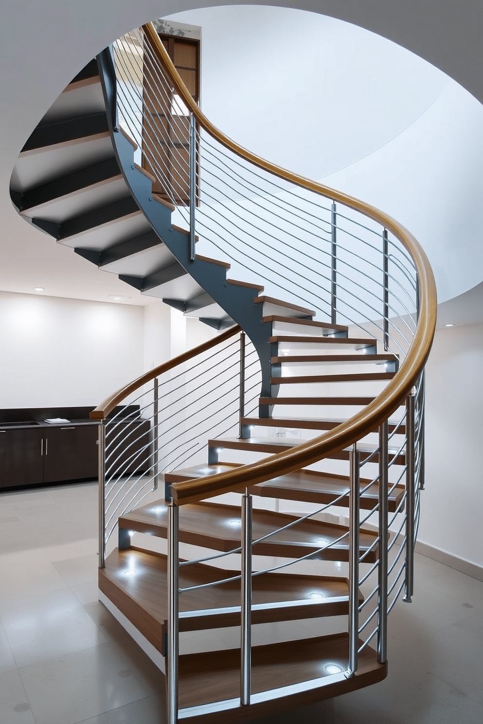 A contemporary floating spiral staircase elegantly ascends to the upper level, featuring sleek metal railings and a polished wooden handrail. Integrated LED lights illuminate the steps, creating a dramatic effect while enhancing the modern aesthetic of the space.