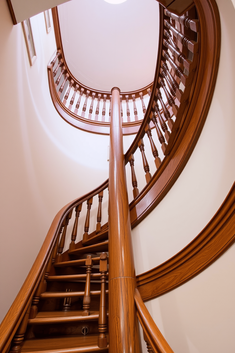 A classic oak spiral staircase winds gracefully upwards, featuring intricate balusters that showcase exquisite craftsmanship. The rich, warm tones of the oak wood contrast beautifully with the soft, ambient lighting that highlights the staircase's elegant curves.